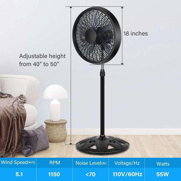 SUGIFT Oscillating Fan Stand Fan Pedestal Fan, Adjustable 3 Levels Speed 90¡ãHorizontal Oscillating 18in Black