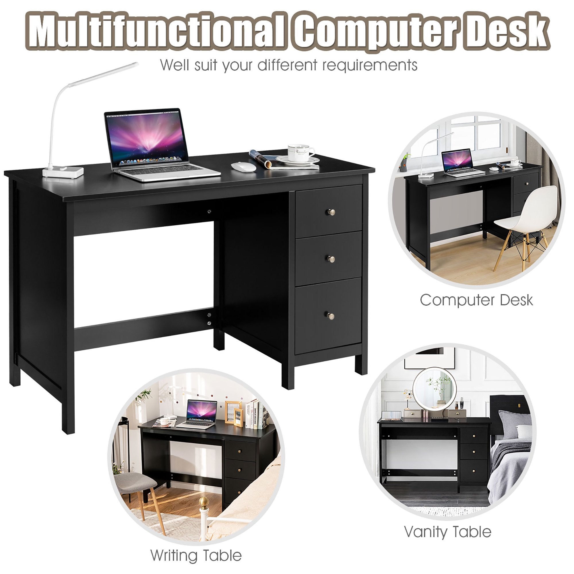 SUGIFT Computer DeskModern Wood 3-Drawer Office Desk Black