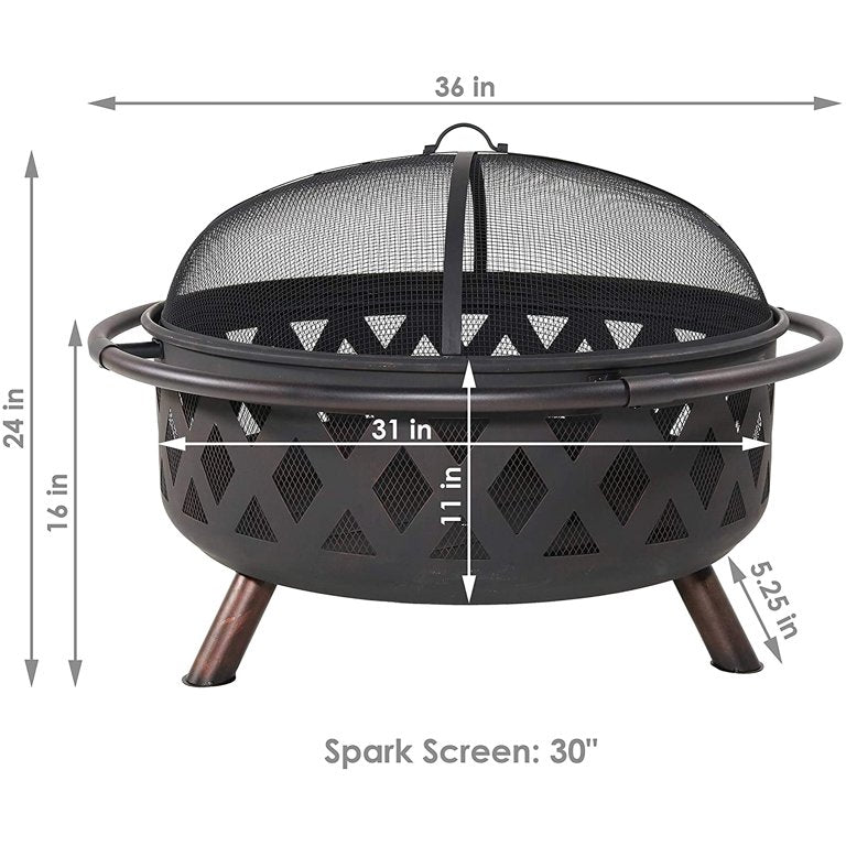 Black Crossweave Large Outdoor Fire Pit -36-Inch Heavy-Duty Wood-Burning Fire Pit with Spark Screen for Patio Backyard Bonfires - Includes Poker Round Fire Pit Cover