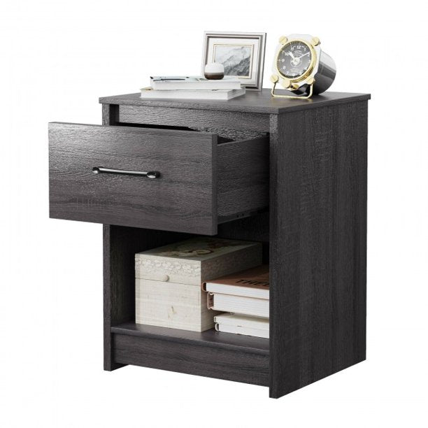 2-Tiers Wooden End Side Table Nightstand with Drawer Storage Shelf Black