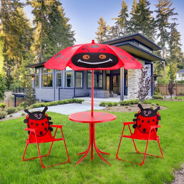 SUGIFT Kids Patio Folding Table and Chairs Set Beetle with Umbrella