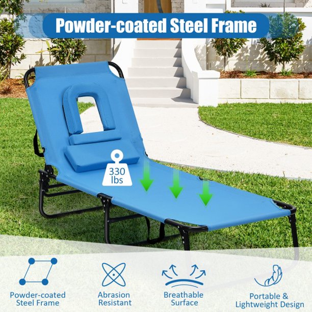 Folding Lounge Chair Portable Chaise Beach Pool Patio Lounge Chair Bed with Adjustable Back and Hole