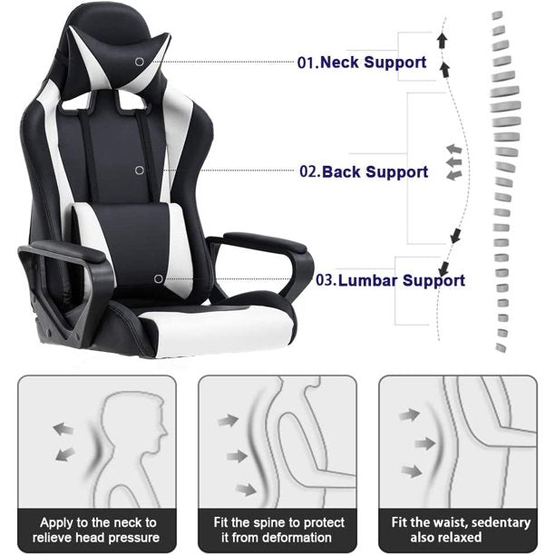 SUGIFT Gaming Chair PC Office Chair Computer Racing Chair PU Desk Task Chair Ergonomic Executive Swivel Rolling Chair with Lumbar Support for Back Pain Women, Men (White)