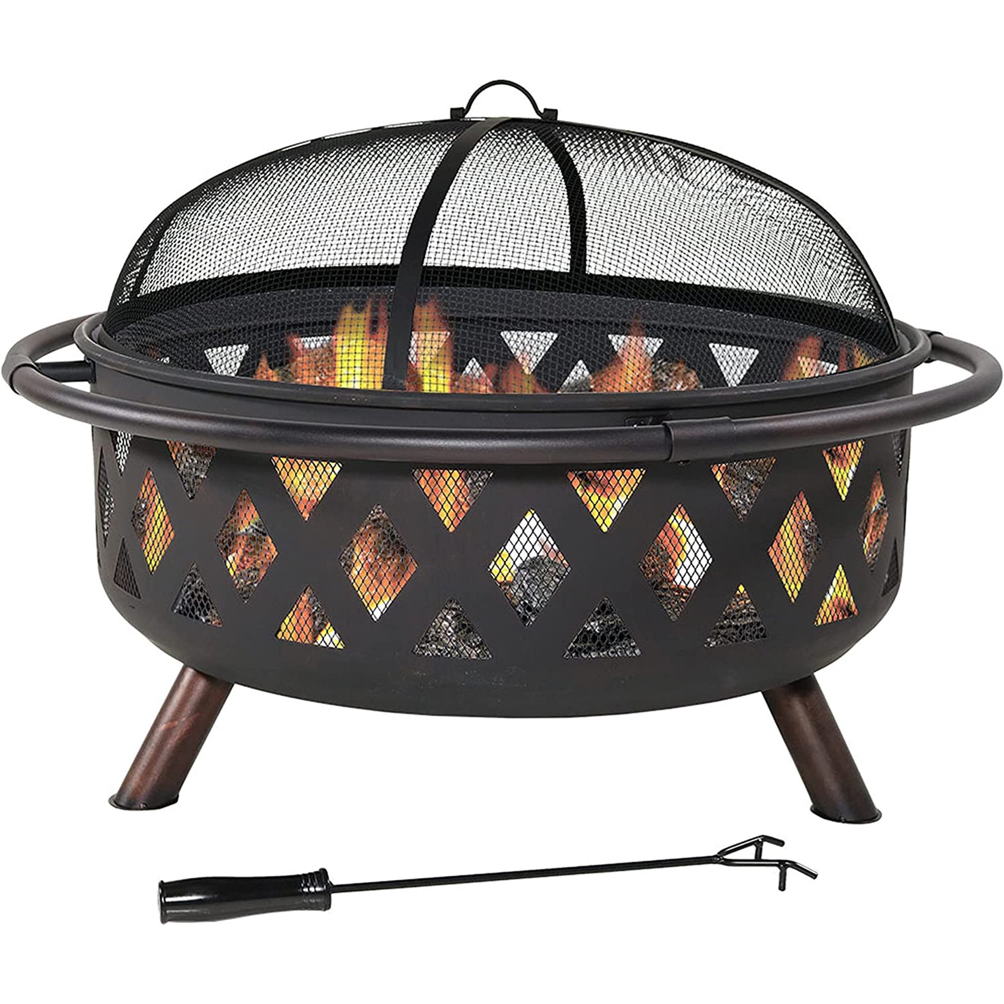 Black Crossweave Large Outdoor Fire Pit -36-Inch Heavy-Duty Wood-Burning Fire Pit with Spark Screen for Patio Backyard Bonfires - Includes Poker Round Fire Pit Cover