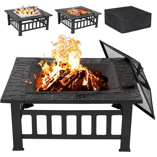 32 inch Outdoor Fire Pit Square Metal Firepit Backyard Patio Garden Stove Wood Burning Fire Pit W/Rain Cover, Faux-Stone Finish