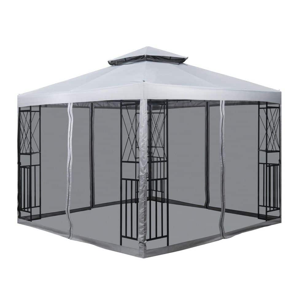 10 ft. x 10 ft. Light Gray Steel Frame Outdoor Gazebo with Mosquito Netting and Corner Shelves