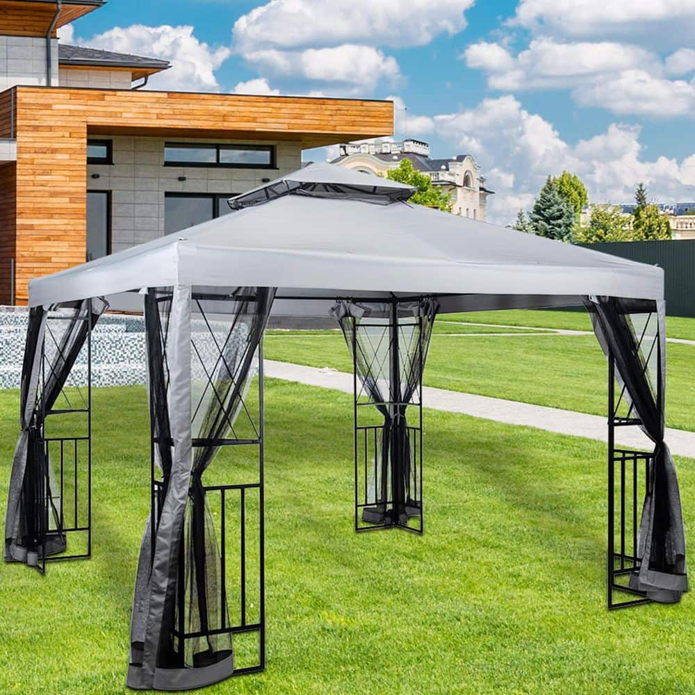 10 ft. x 10 ft. Light Gray Steel Frame Outdoor Gazebo with Mosquito Netting and Corner Shelves