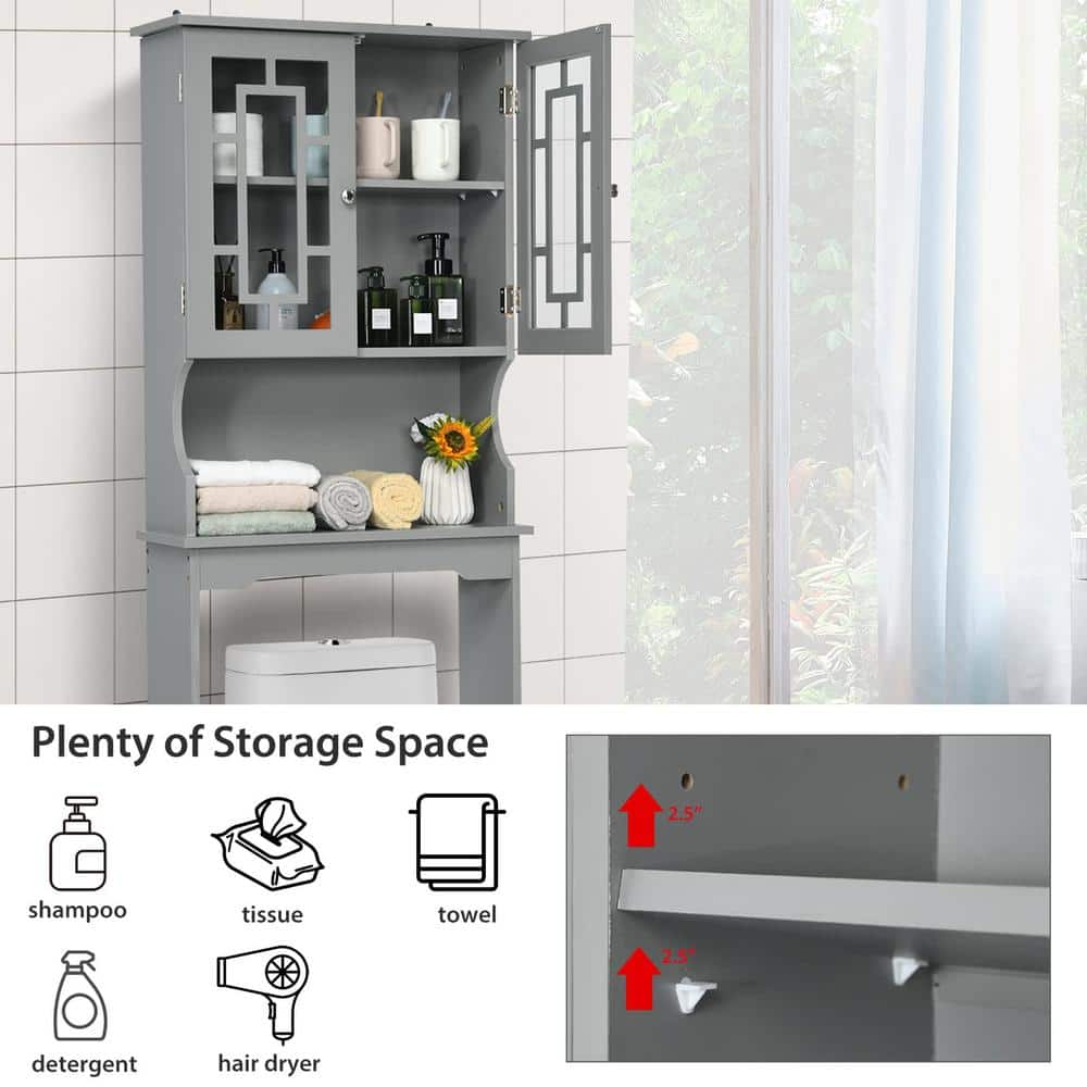 Gray Bathroom Over-the-Toilet Storage Cabinet Organizer with Doors and Shelves