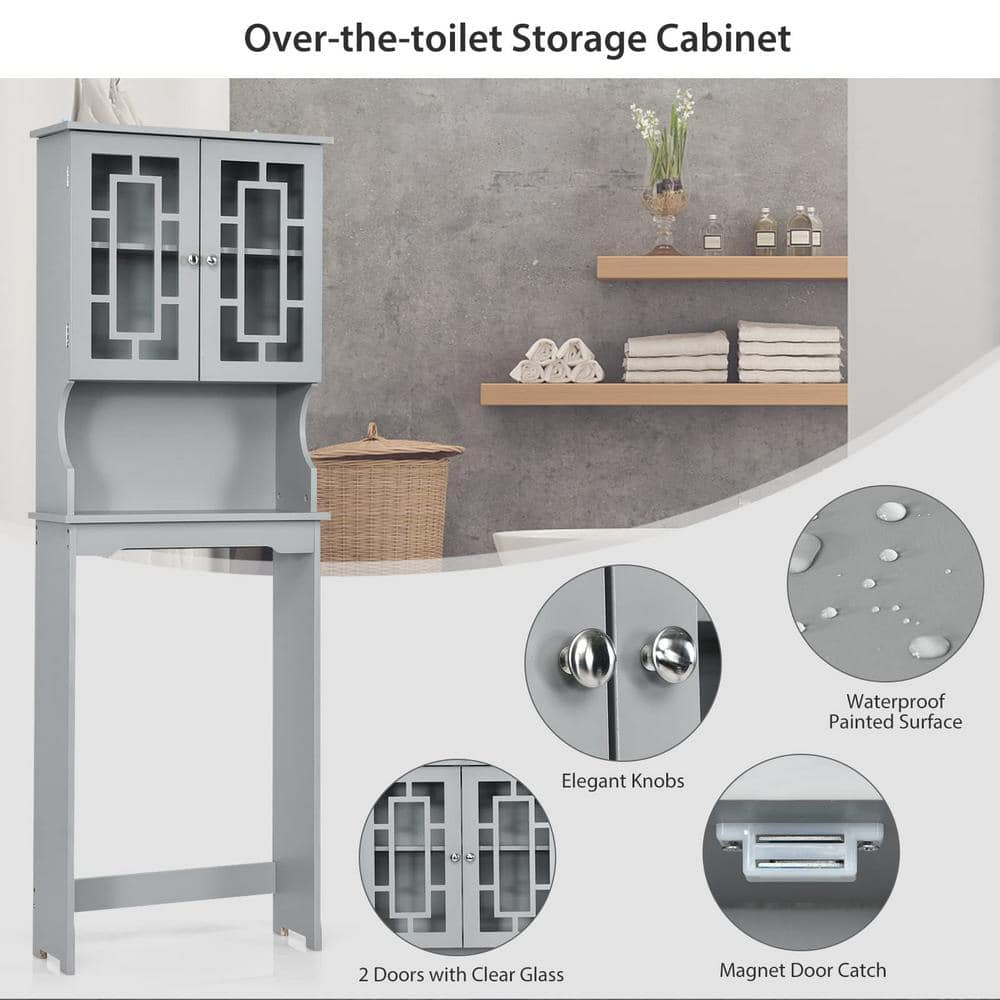 Gray Bathroom Over-the-Toilet Storage Cabinet Organizer with Doors and Shelves