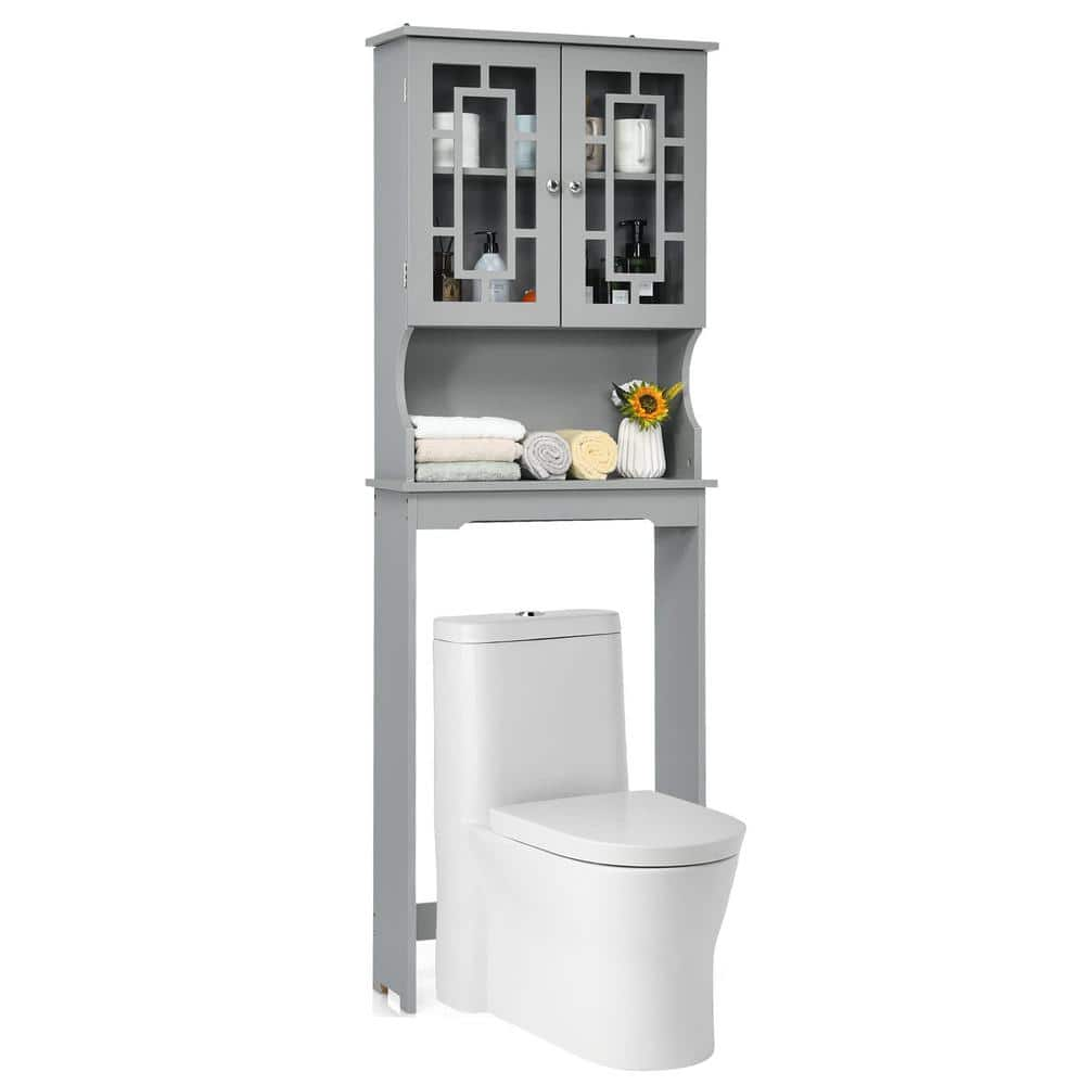 Gray Bathroom Over-the-Toilet Storage Cabinet Organizer with Doors and Shelves