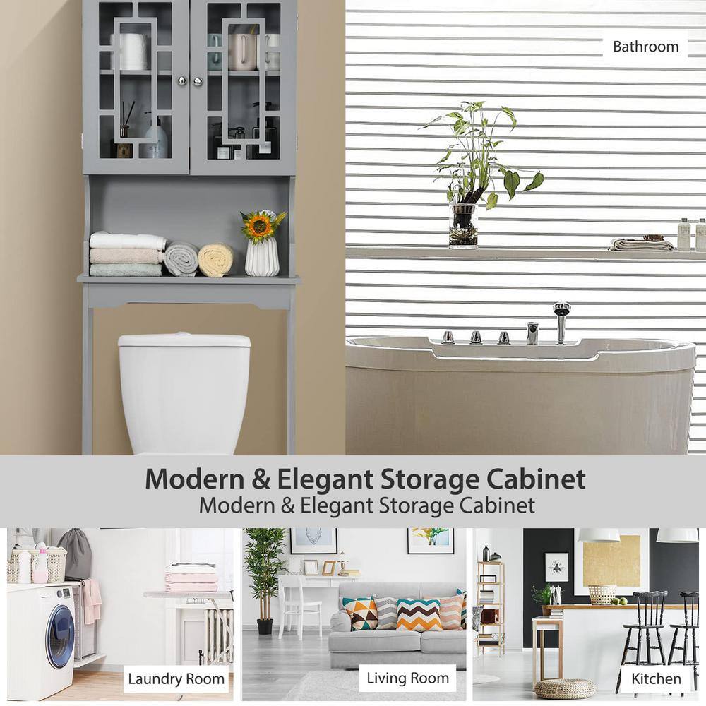 Gray Bathroom Over-the-Toilet Storage Cabinet Organizer with Doors and Shelves