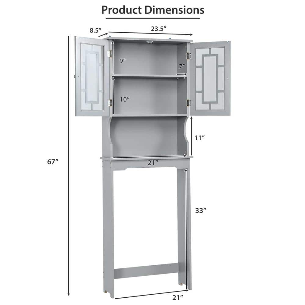 Gray Bathroom Over-the-Toilet Storage Cabinet Organizer with Doors and Shelves