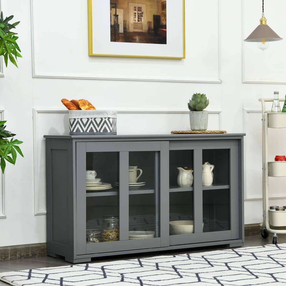 2-Glass Sliding Door Gray Sideboard Buffet Kitchen Storage Cabinet 42 in. W x 25in. H x 13in. D