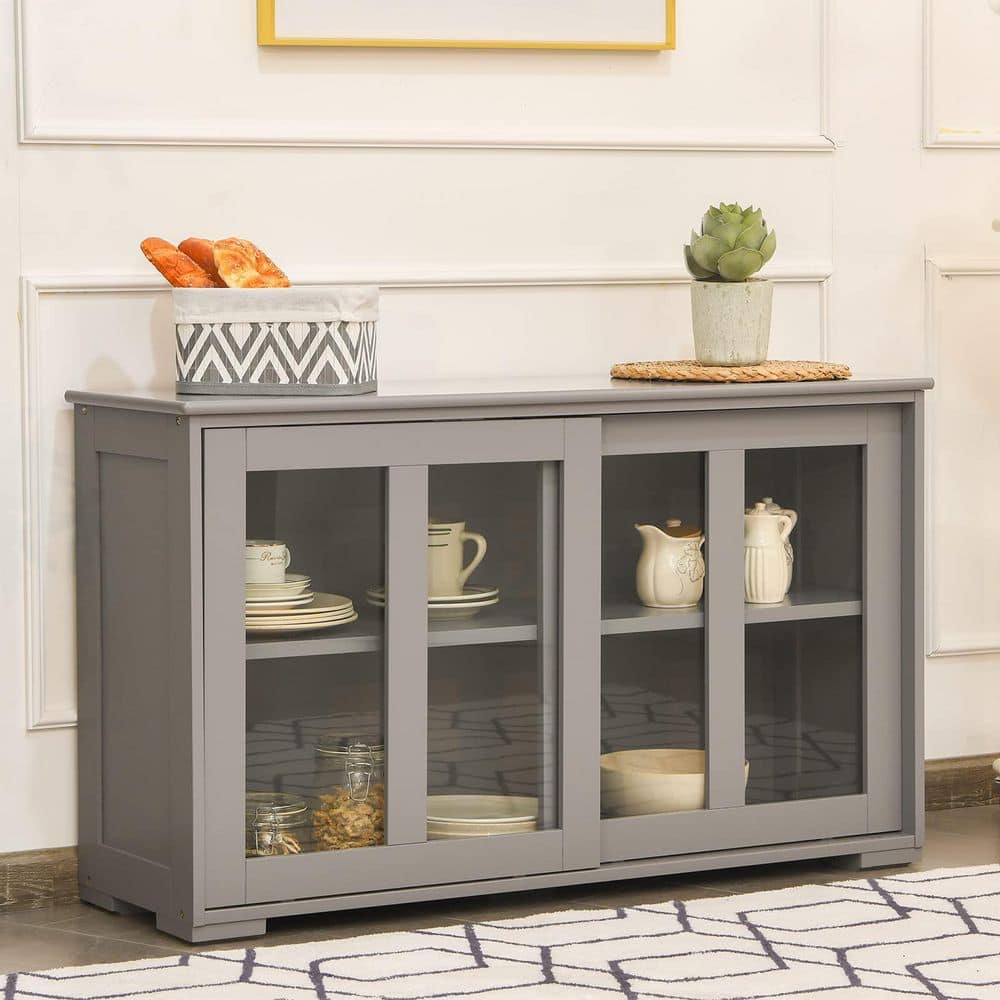 2-Glass Sliding Door Gray Sideboard Buffet Kitchen Storage Cabinet 42 in. W x 25in. H x 13in. D