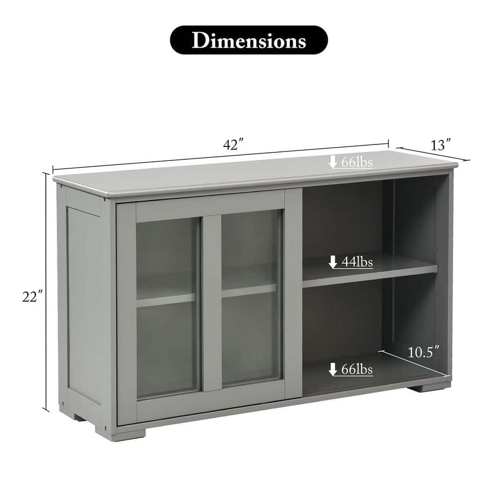 2-Glass Sliding Door Gray Sideboard Buffet Kitchen Storage Cabinet 42 in. W x 25in. H x 13in. D