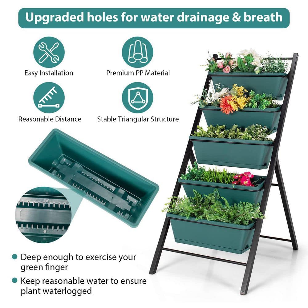 22.5 in. L x 29 in. W x 48.5 in. H 5-Tier Plastic Green Vertical Planter Box Elevated Raised Bed