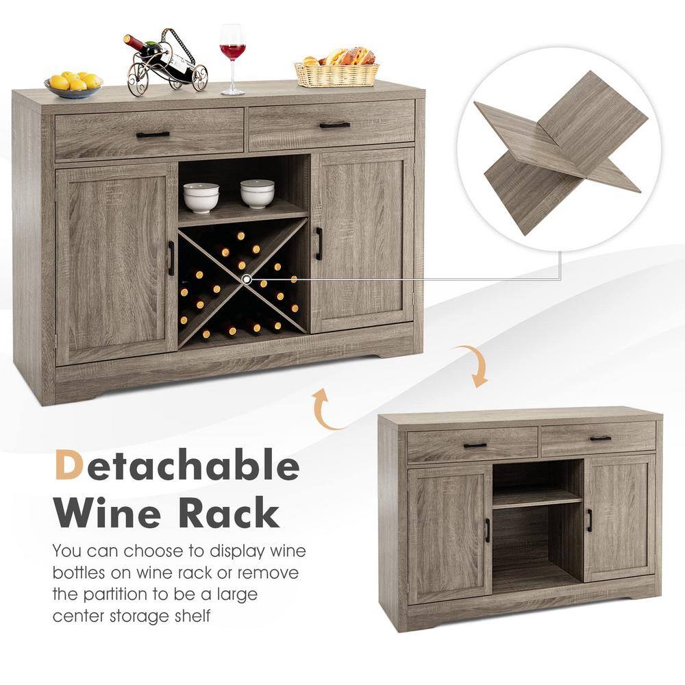 Grey Wooden Sideboard Buffet 52 in. Kitchen Island Kitchen Storage Cabinet with Detachable Wine Rack