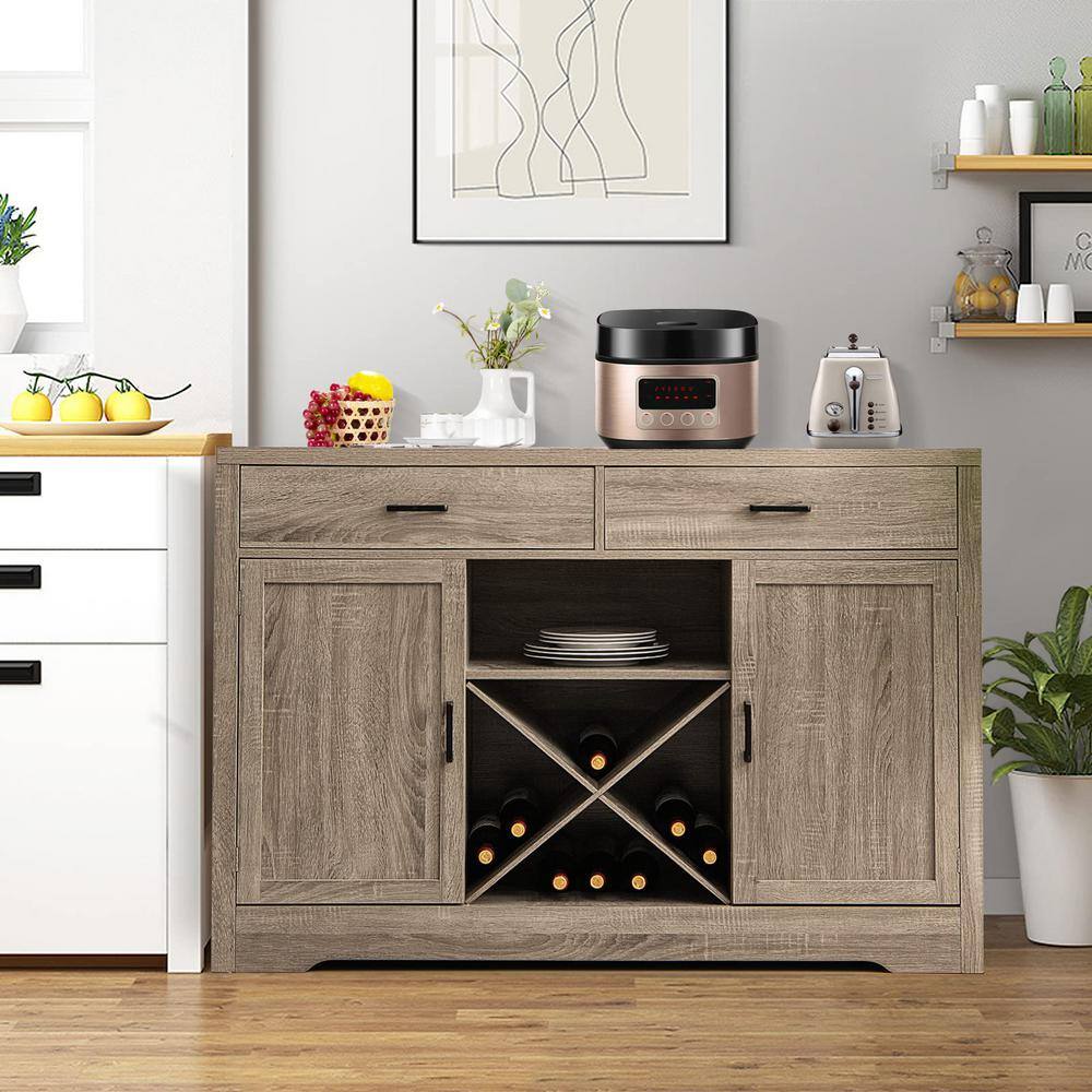 Grey Wooden Sideboard Buffet 52 in. Kitchen Island Kitchen Storage Cabinet with Detachable Wine Rack