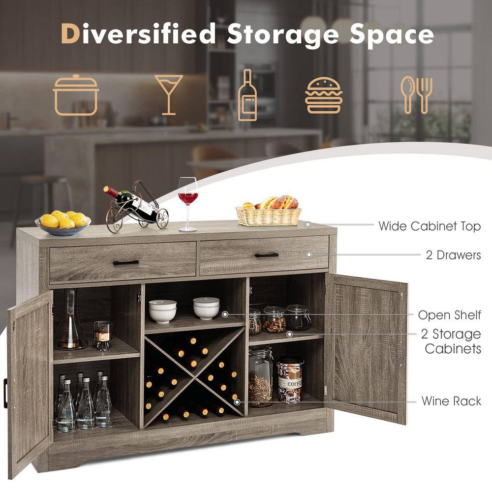 Grey Wooden Sideboard Buffet 52 in. Kitchen Island Kitchen Storage Cabinet with Detachable Wine Rack