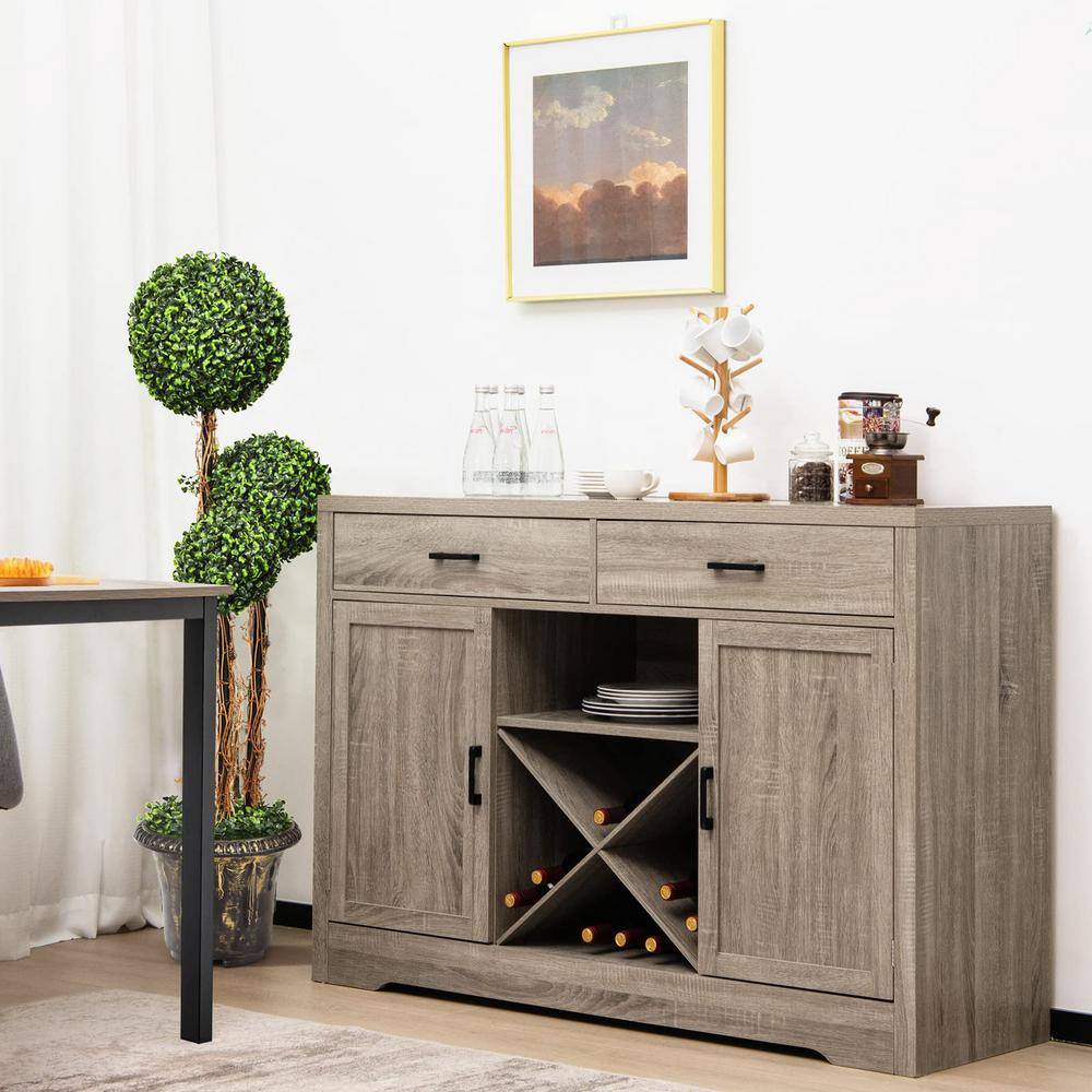 Grey Wooden Sideboard Buffet 52 in. Kitchen Island Kitchen Storage Cabinet with Detachable Wine Rack