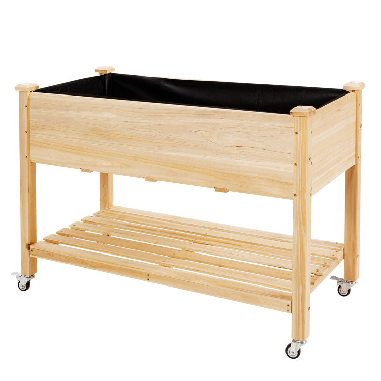 SUGIFT Wood Elevated Planter Bed with Lockable Wheels Shelf and Liner