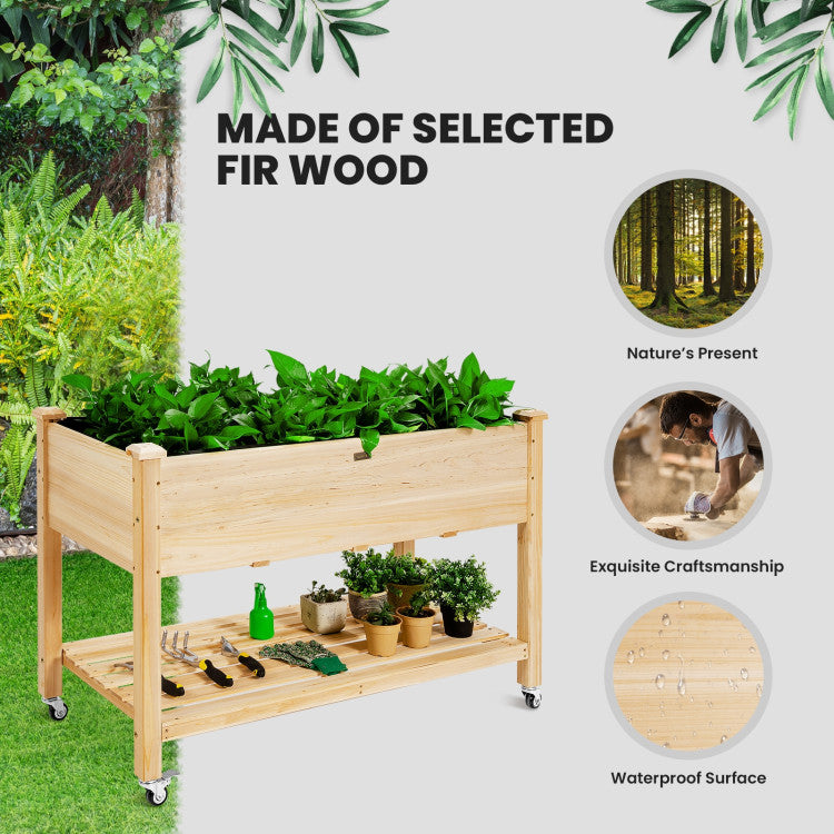 SUGIFT Wood Elevated Planter Bed with Lockable Wheels Shelf and Liner