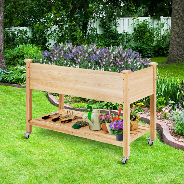 SUGIFT Wood Elevated Planter Bed with Lockable Wheels Shelf and Liner