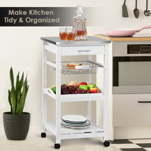 Kitchen Island Cart with Stainless Steel Tabletop and Basket