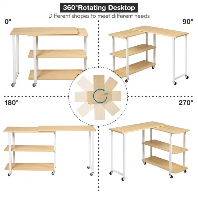 SUGIFT 360¡ã Rotating Sofa Side Table with Storage Shelves and Wheels,Natural