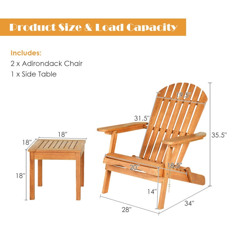 Natural Finish Folding Wood Adirondack Chair with Side Table (3-Pack)