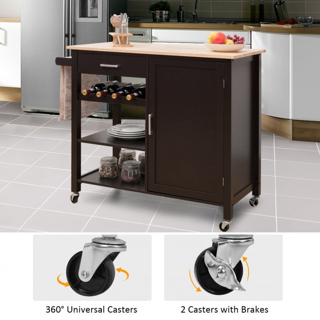 SUGIFT Kitchen Island Cart Rolling Serving Cart Wood Trolley,Brown