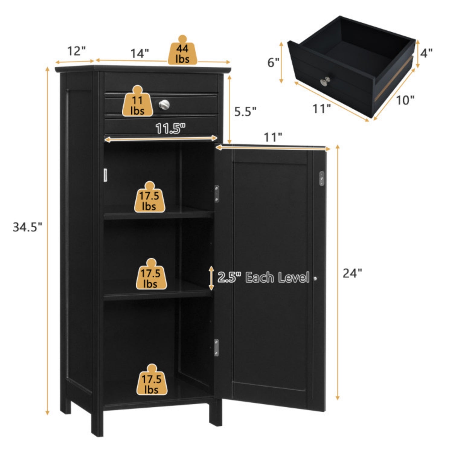 SUGIFT Wooden Storage Free-Standing Floor Cabinet with Drawer and Shelf, Black