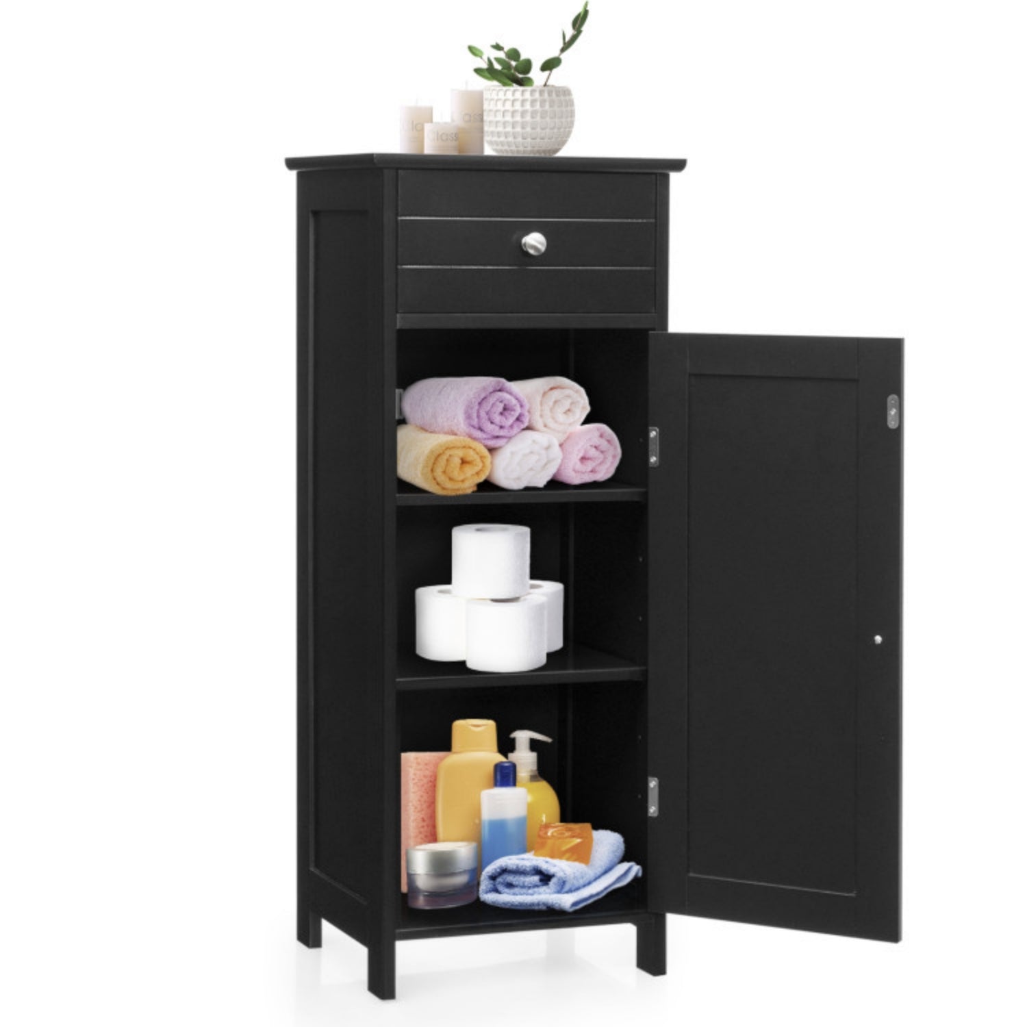 SUGIFT Wooden Storage Free-Standing Floor Cabinet with Drawer and Shelf, Black