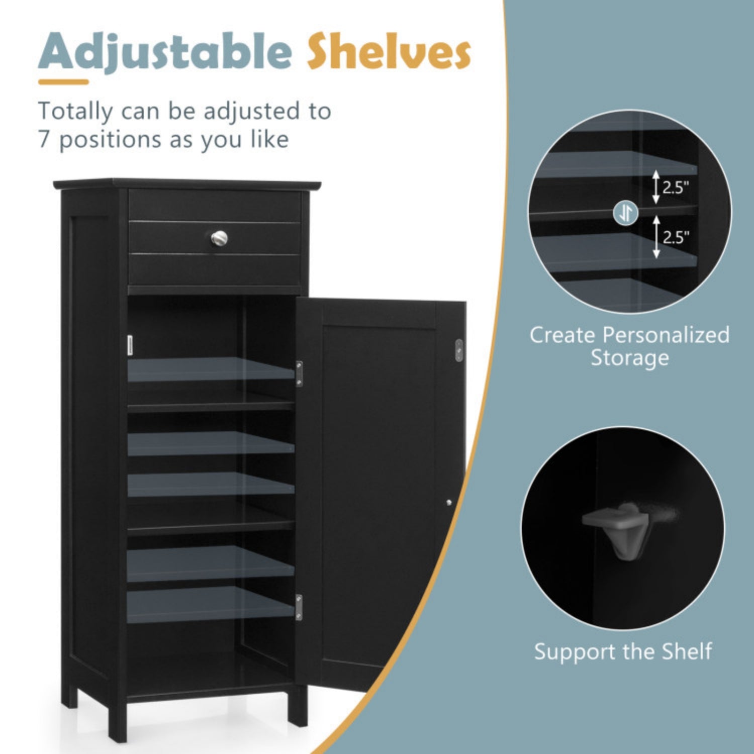 SUGIFT Wooden Storage Free-Standing Floor Cabinet with Drawer and Shelf, Black