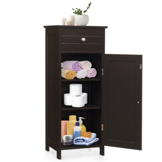 SUGIFT Wooden Storage Free-Standing Floor Cabinet with Drawer and Shelf, Brown