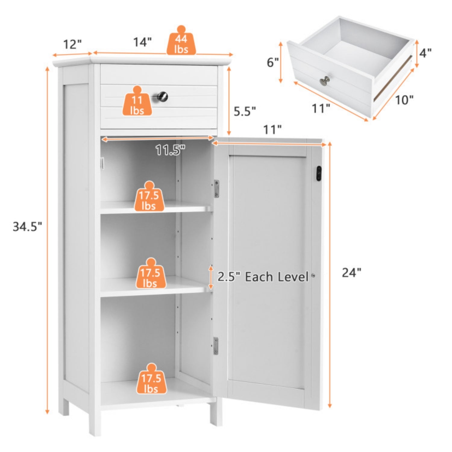 SUGIFT Wooden Storage Free-Standing Floor Cabinet with Drawer and Shelf, White