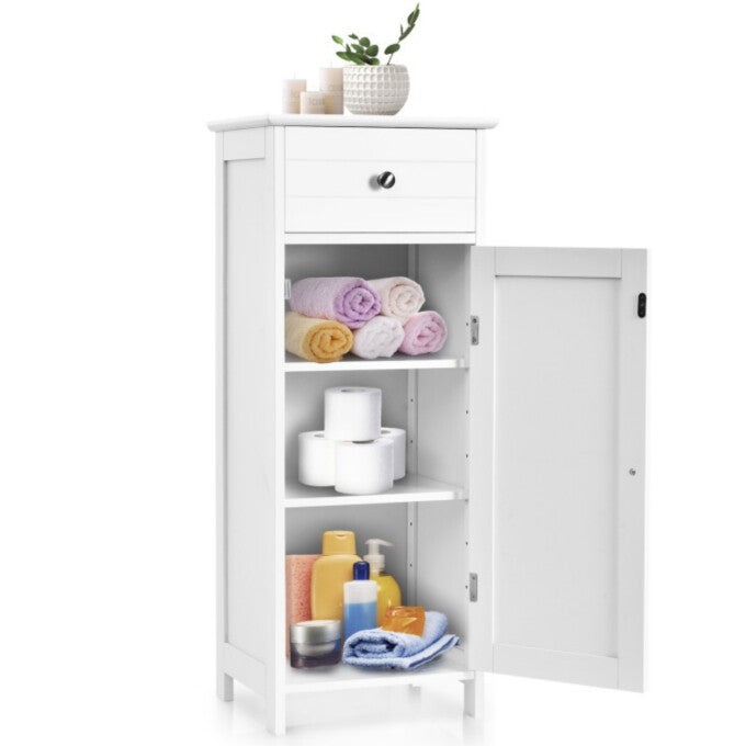 SUGIFT Wooden Storage Free-Standing Floor Cabinet with Drawer and Shelf, White