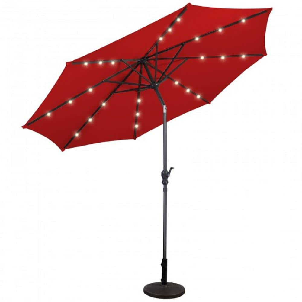 10 ft. Steel Market Solar Tilt Patio Umbrella with Crank and LED Lights in Burgundy