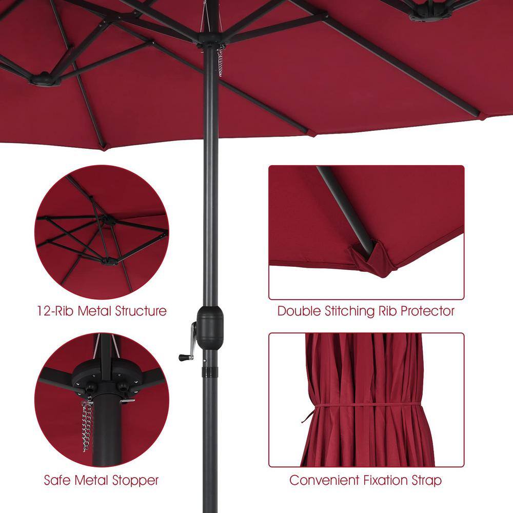 15 ft. Market Double Sided Outdoor Patio Umbrella with Crank and UV Sun Protection in Red Wine