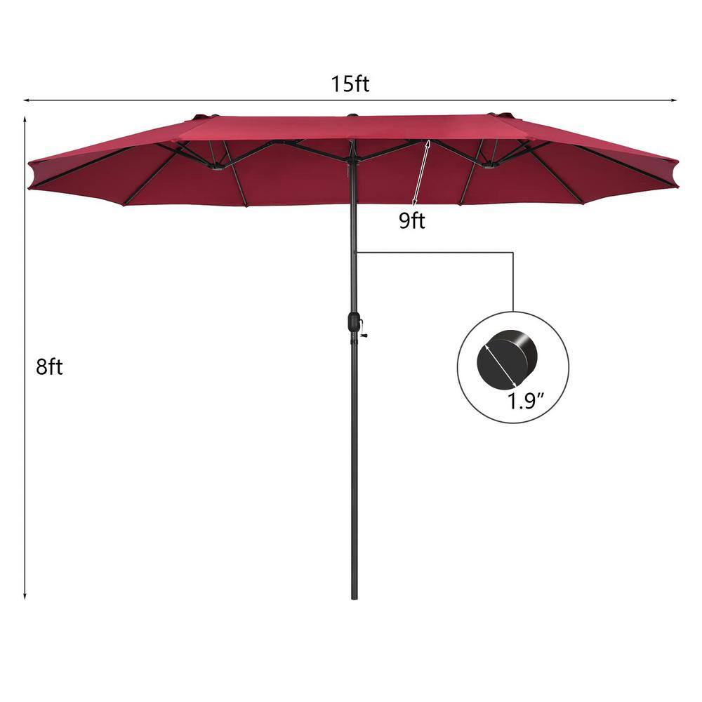 15 ft. Market Double Sided Outdoor Patio Umbrella with Crank and UV Sun Protection in Red Wine