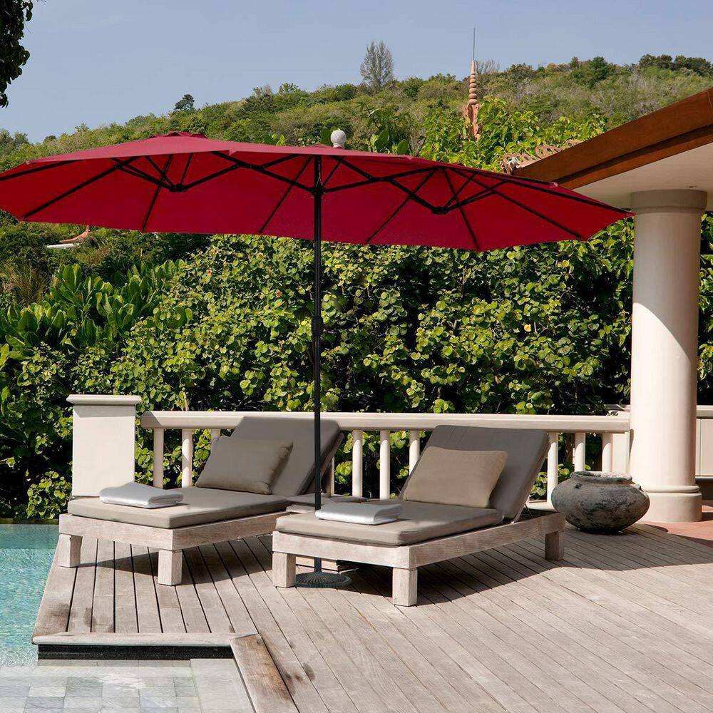 15 ft. Market Double Sided Outdoor Patio Umbrella with Crank and UV Sun Protection in Red Wine