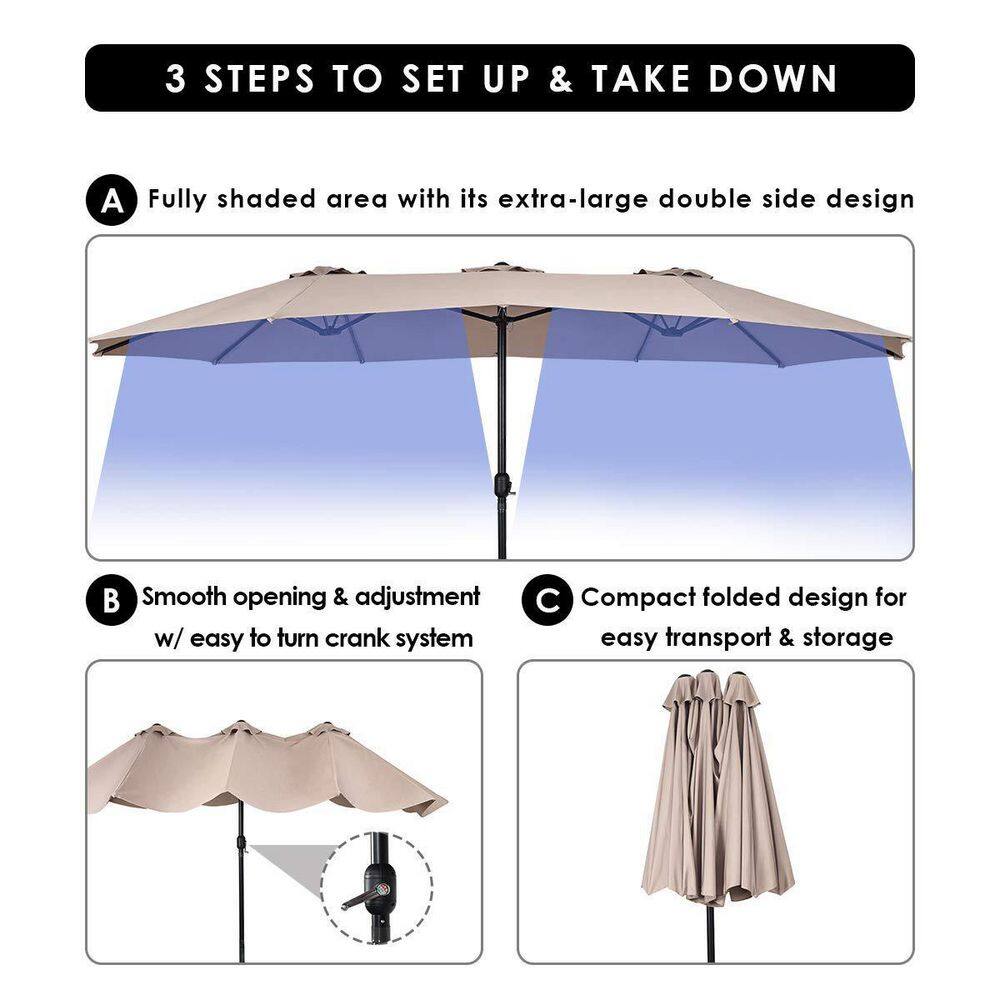 15 ft. Market Double Sided Outdoor Patio Umbrella with Crank and UV Sun Protection in Beige