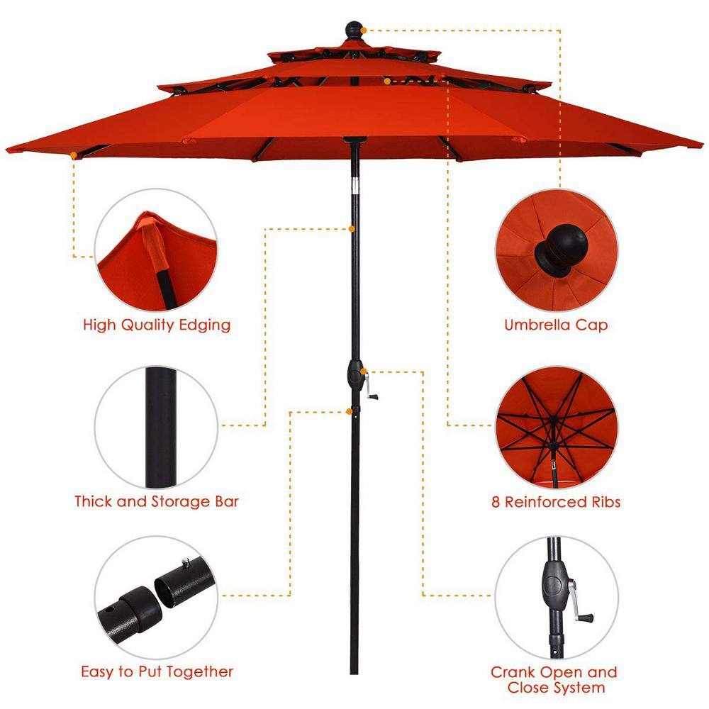 10 ft. 3-Tier Aluminum Market Patio Umbrella in Orange with Crank and Double Vented