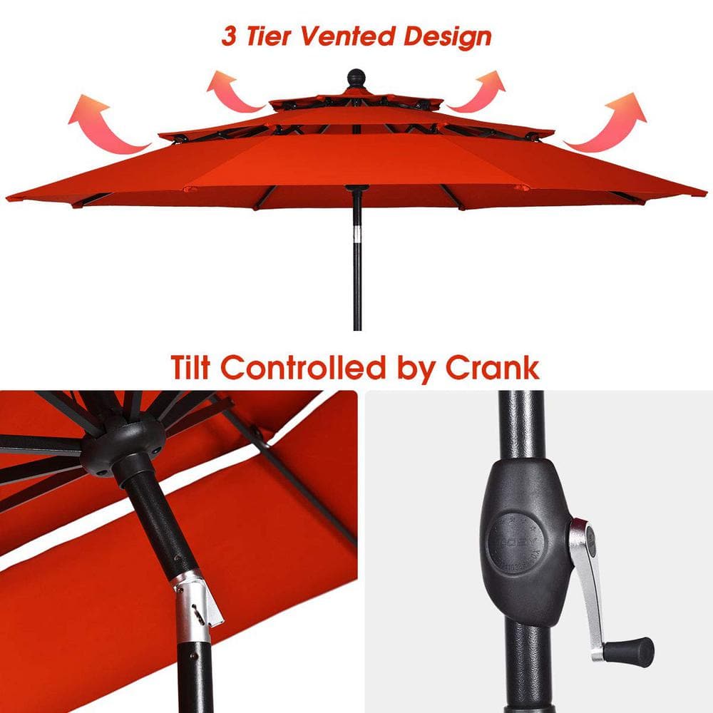 10 ft. 3-Tier Aluminum Market Patio Umbrella in Orange with Crank and Double Vented