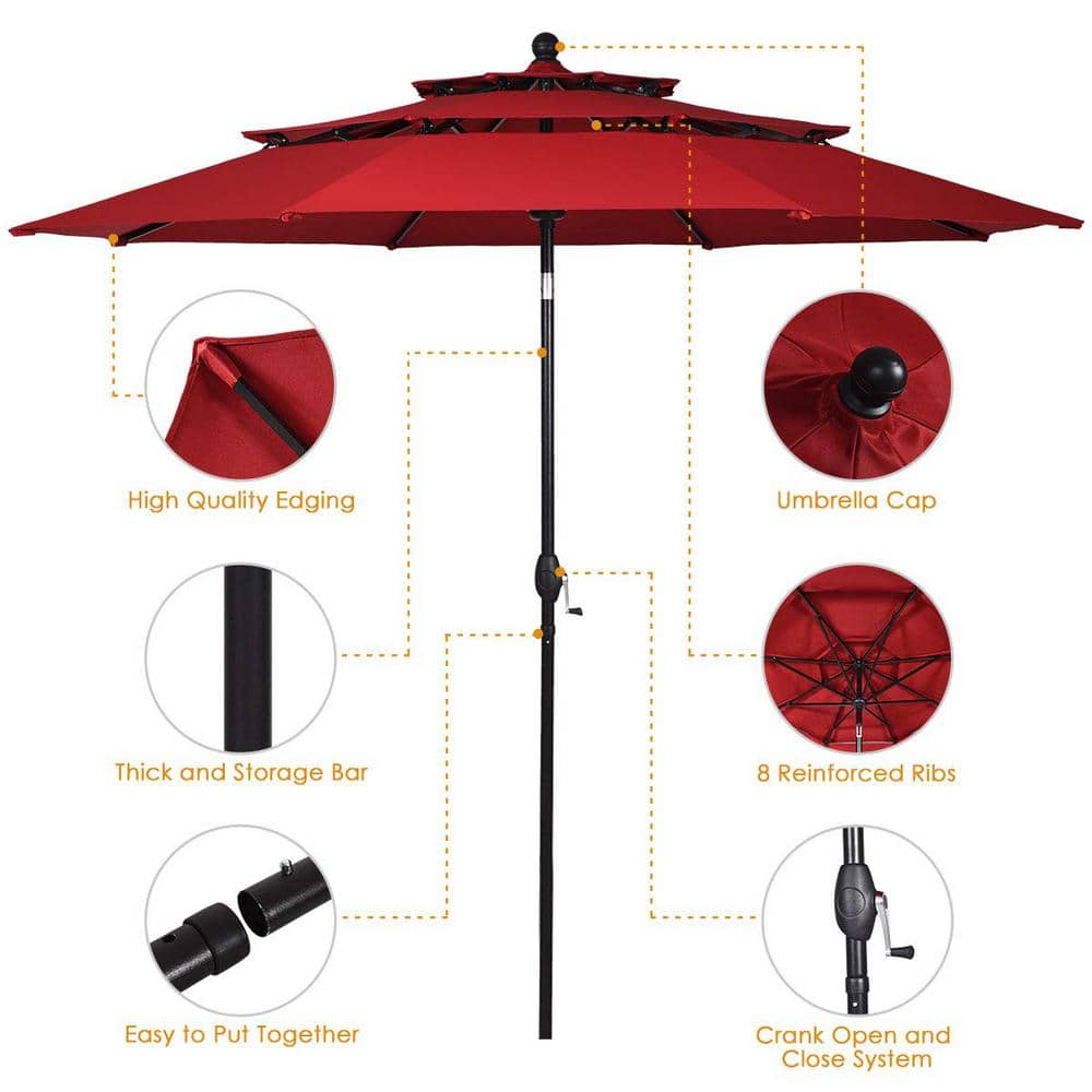 10 ft. 3-Tier Aluminum Market Patio Umbrella in Wine with Crank and Double Vented