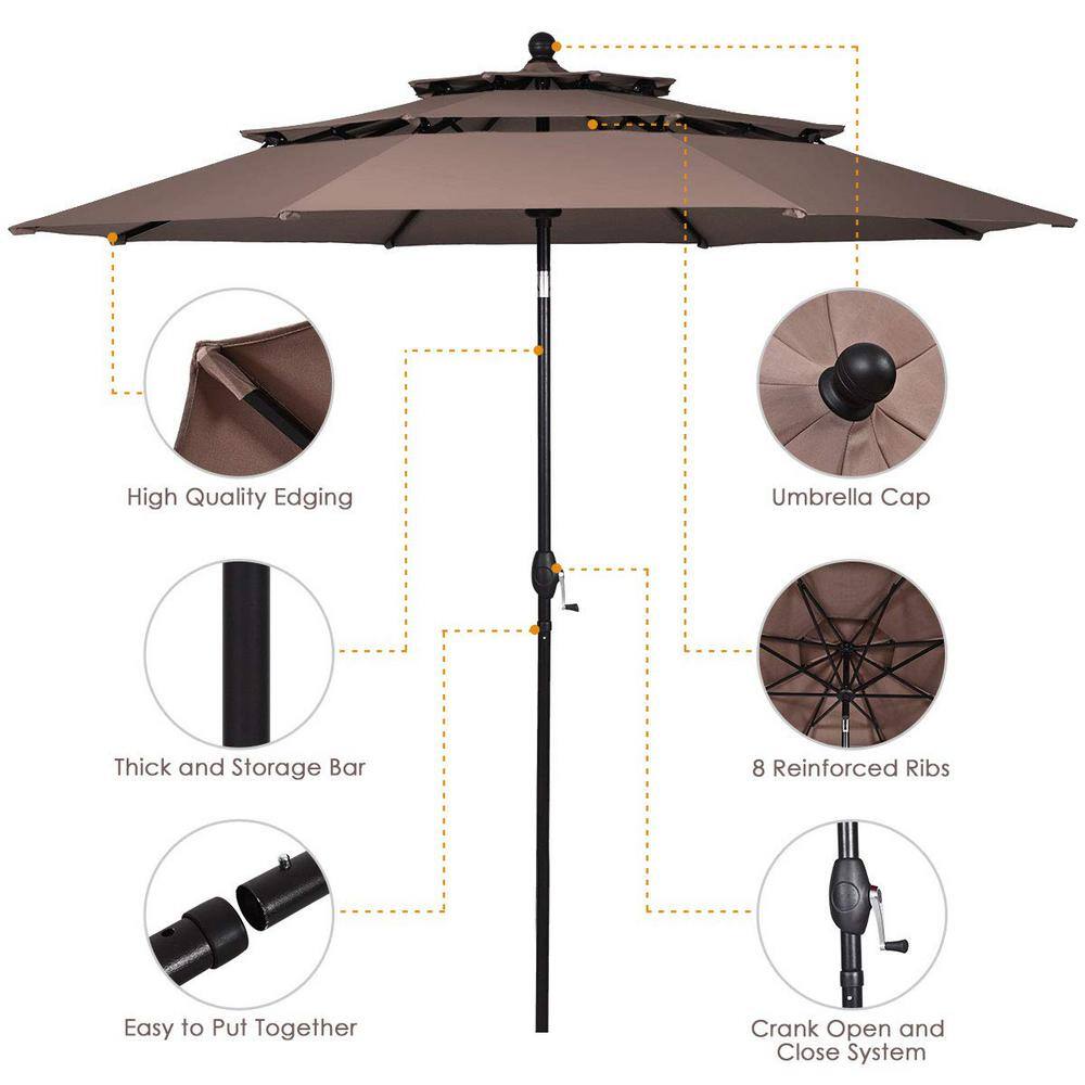 10 ft. 3-Tier Aluminum Market Patio Umbrella in Tan with Crank and Double Vented