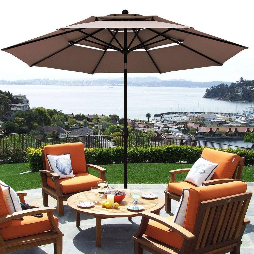 10 ft. 3-Tier Aluminum Market Patio Umbrella in Tan with Crank and Double Vented