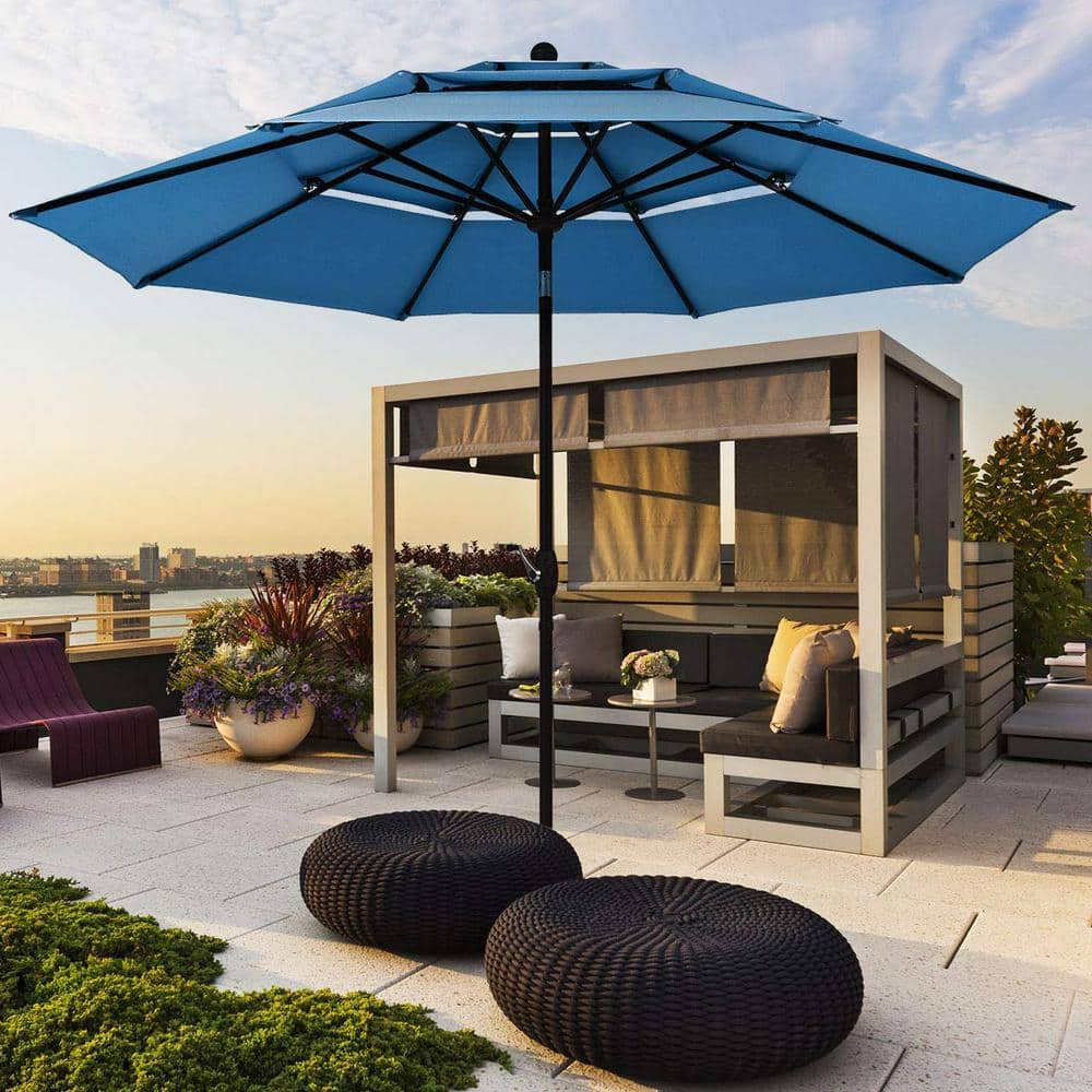 10 ft. 3-Tier Aluminum Market Patio Umbrella in Blue with Crank and Double Vented