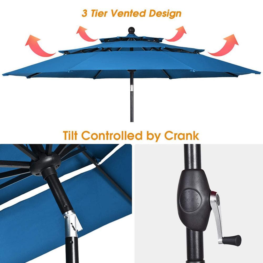 10 ft. 3-Tier Aluminum Market Patio Umbrella in Blue with Crank and Double Vented