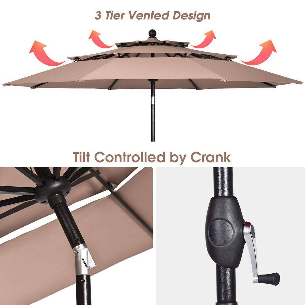 10 ft. 3-Tier Aluminum Market Patio Umbrella in Beige with Crank and Double Vented